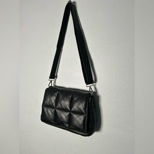 Black Puffy Quilted Sheep Leather Crossbody Bag with Wide Adjustable Strap